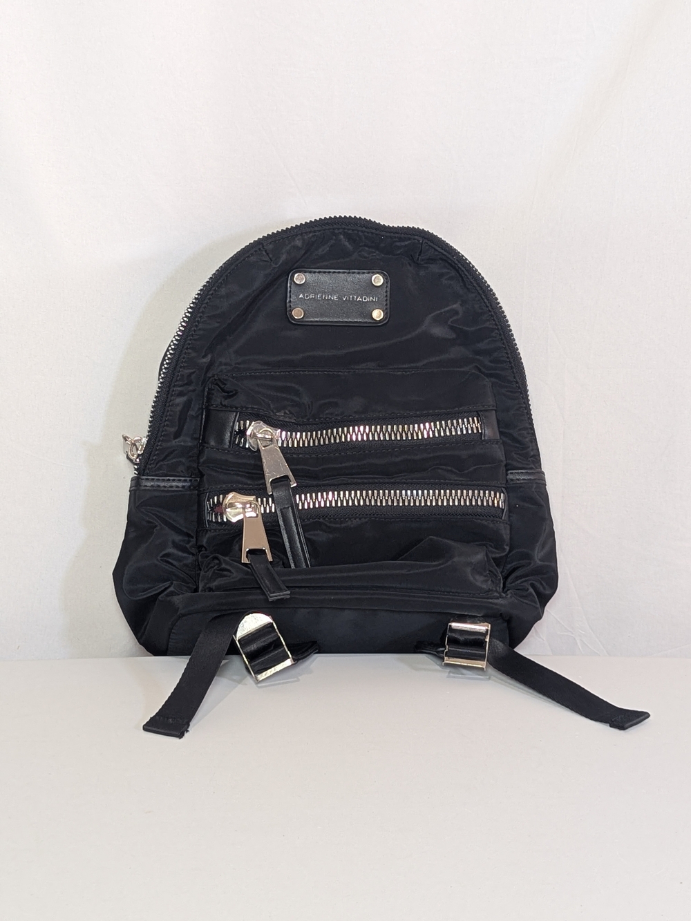 Adrienne Vittadini Black Nylon Backpack Silver Tone Zippers Travel Bag
